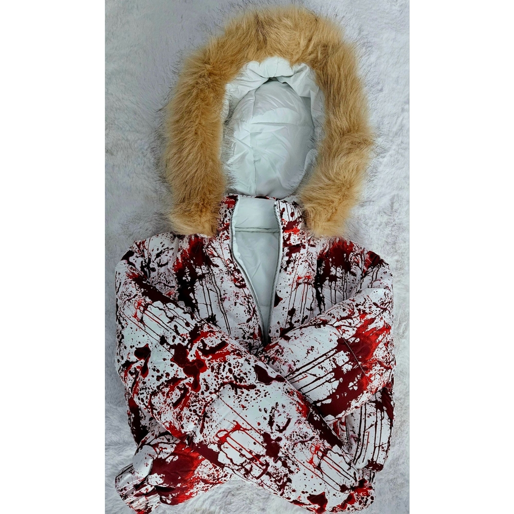 White and Red Splatter Print Jacket with Fur Hood